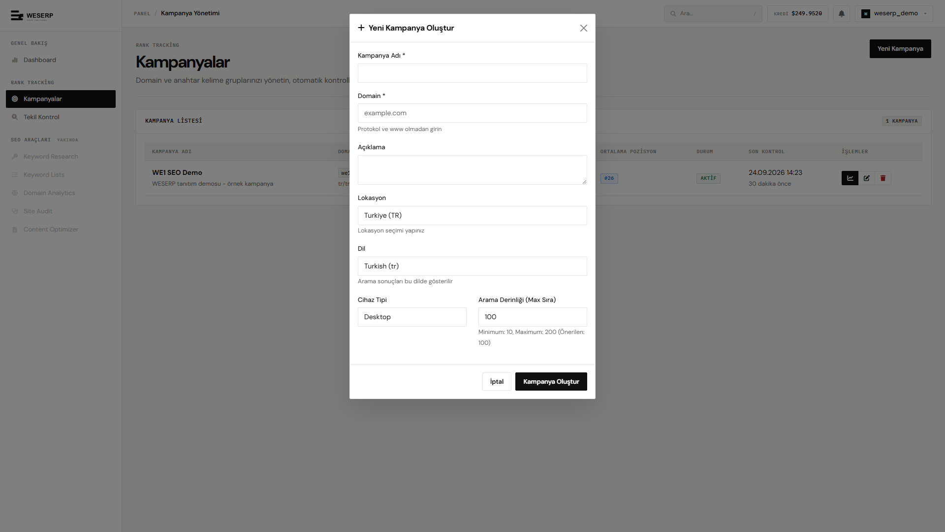Yeni kampanya oluştur modalı — boş form alanları