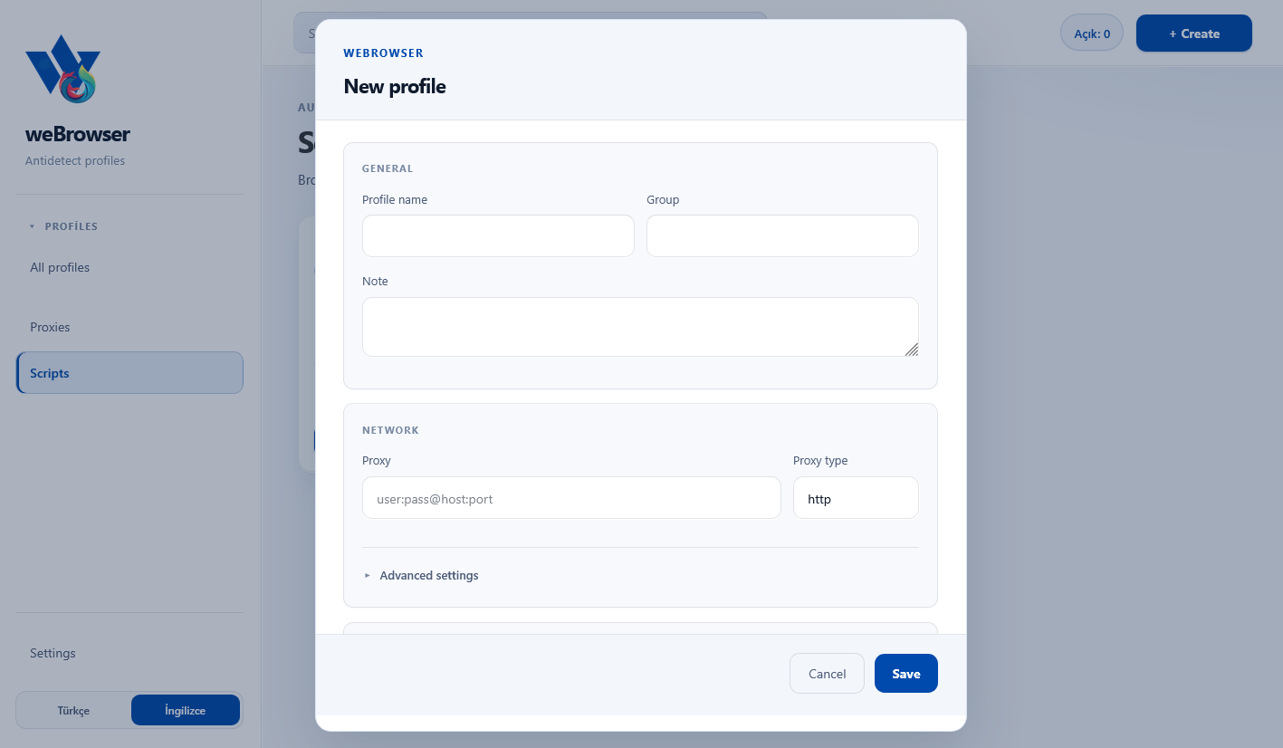 weBrowser New profile form — general and network fields
