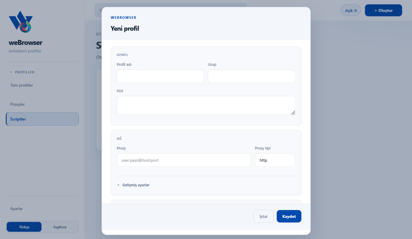 weBrowser yeni profil oluşturma formu — genel ve ağ alanları