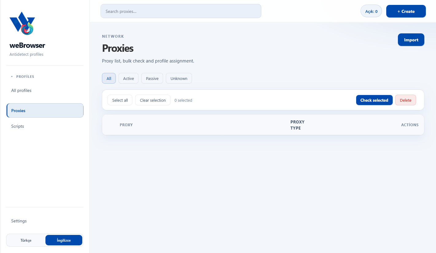 weBrowser Proxies screen — list, filters, and check tools
