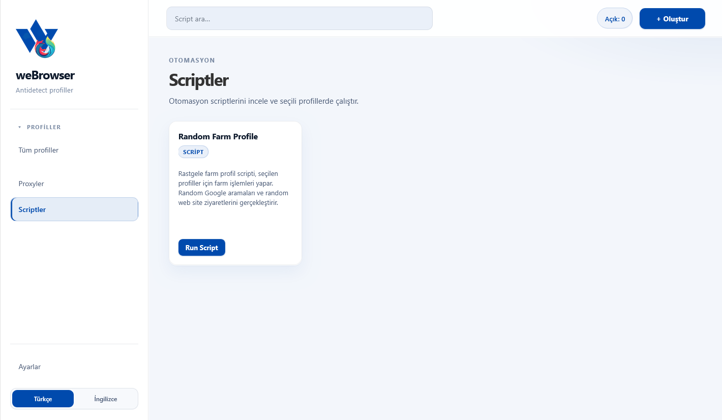 weBrowser scriptler ekranı — Random Farm Profile kartı