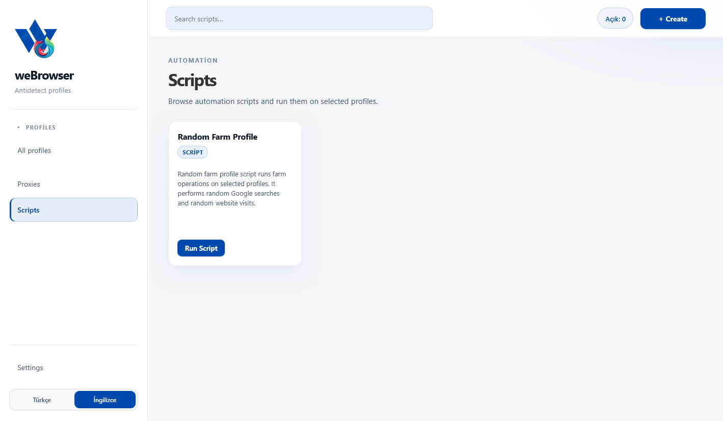 weBrowser Scripts screen — Random Farm Profile card