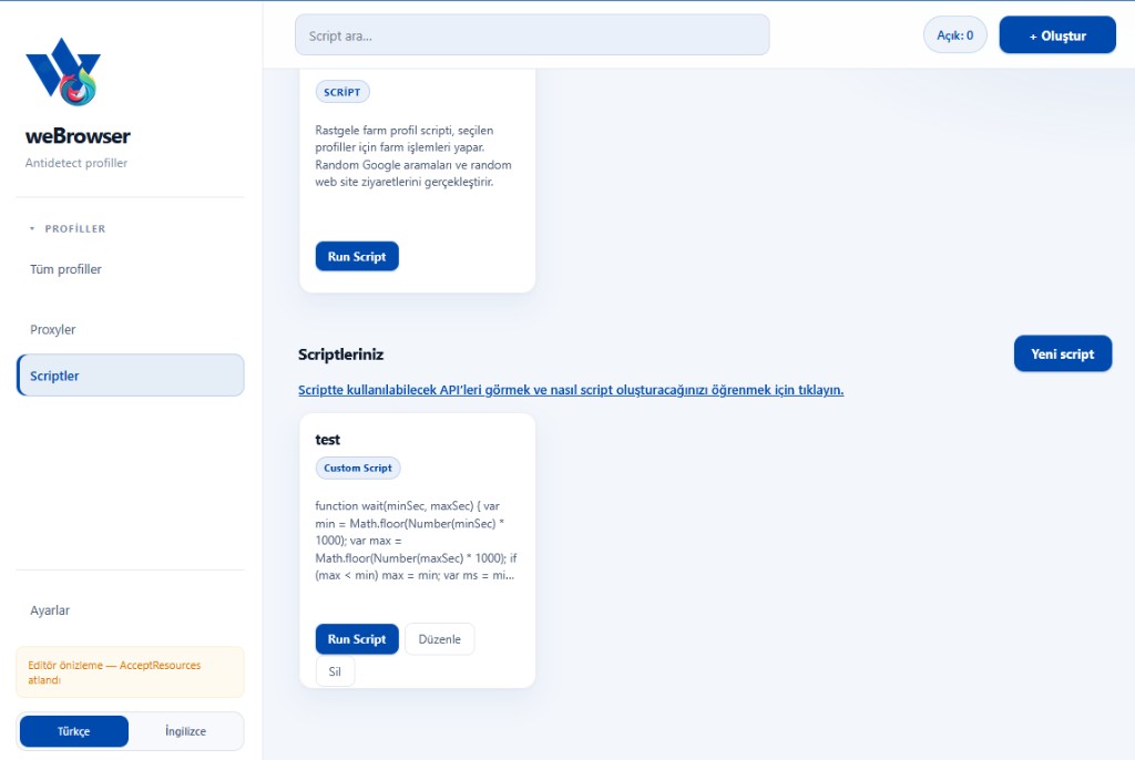 Экран Scripts в weBrowser — farm-скрипт и карточка своего скрипта