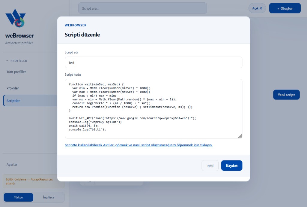 Редактор скрипта weBrowser — имя и код JavaScript