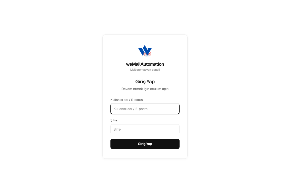 weMailAutomation giriş ekranı — kullanıcı adı ve şifre