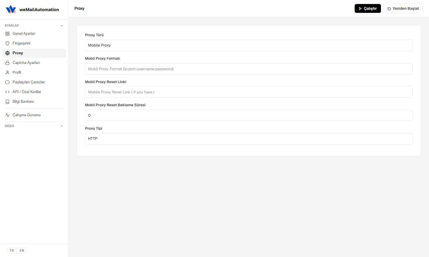 weMailAutomation Proxy ayarları — mobil proxy formatı