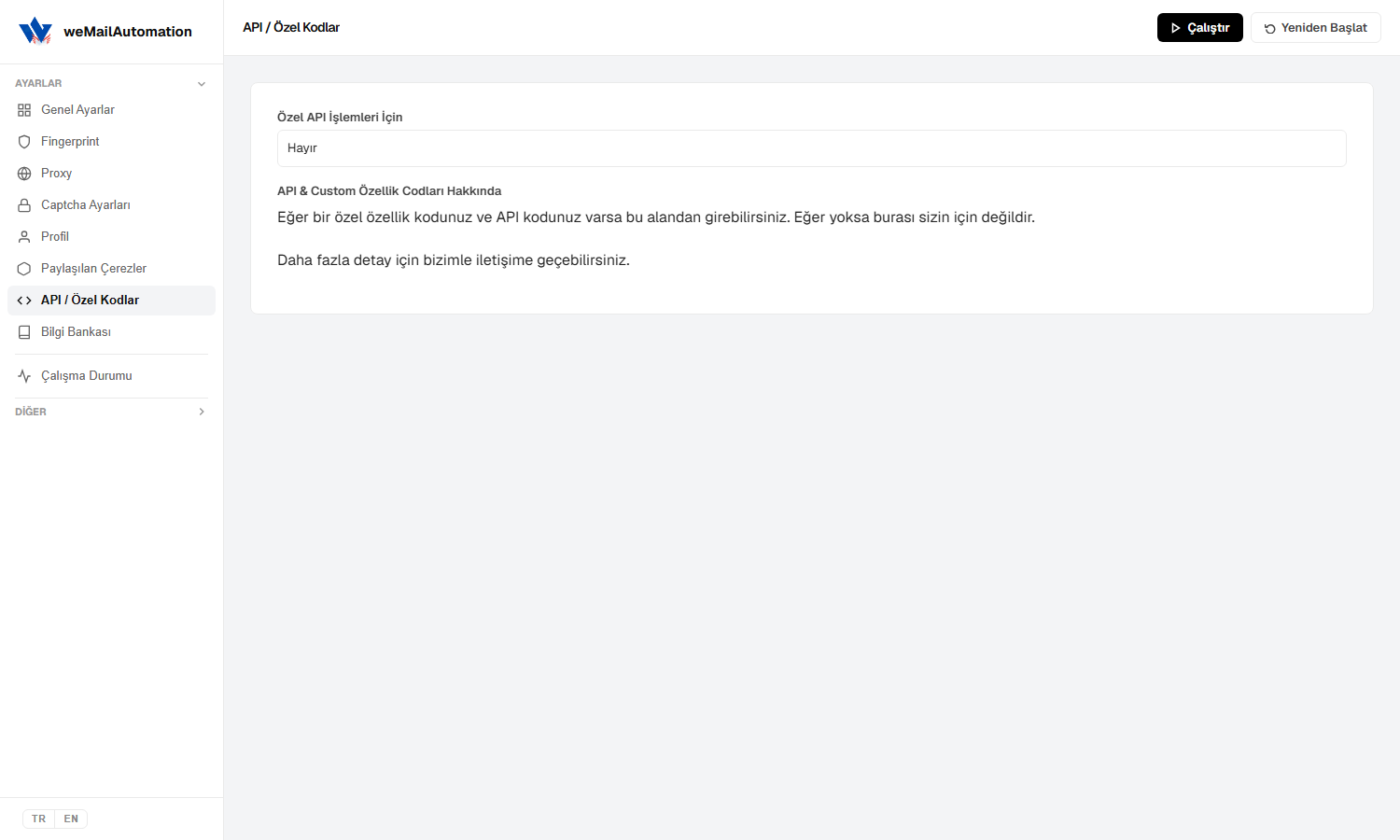 weMailAutomation API ve özel kodlar ekranı