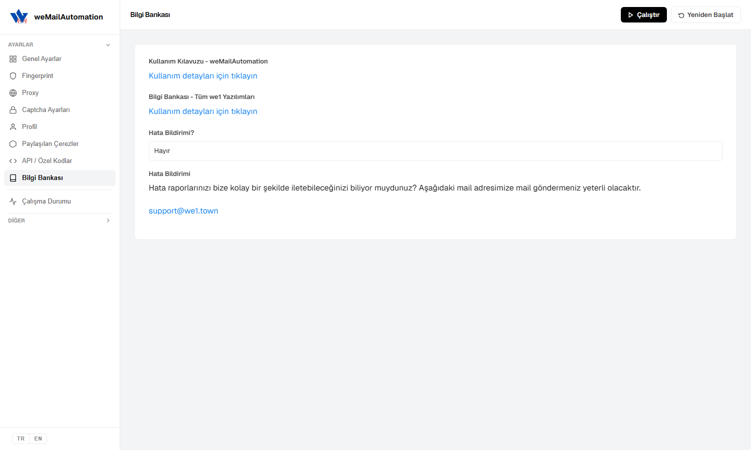 weMailAutomation Bilgi Bankası ekranı — kılavuz linkleri ve hata bildirimi